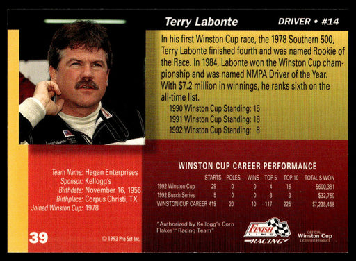Terry Labonte 1993 Pro Set Finish Line Racing Base Back of Card