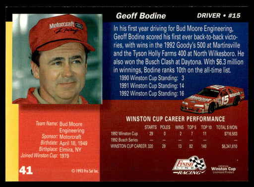 Geoff Bodine 1993 Pro Set Finish Line Racing Base Back of Card