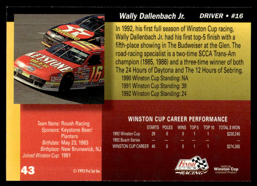 Wally Dallenbach Jr. 1993 Pro Set Finish Line Racing Base Back of Card
