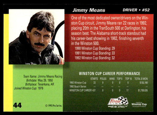 Jimmy Means 1993 Pro Set Finish Line Racing Base Back of Card