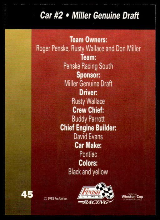 Rusty Wallace 1993 Pro Set Finish Line Racing Base Back of Card