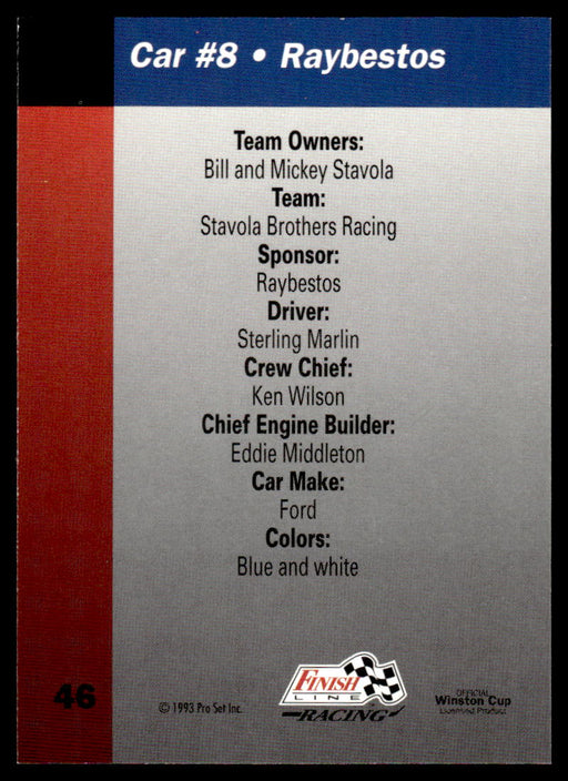 Sterling Marlin 1993 Pro Set Finish Line Racing Base Back of Card