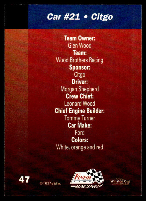 Morgan Shepherd 1993 Pro Set Finish Line Racing Base Back of Card