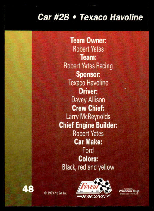 Davey Allison 1993 Pro Set Finish Line Racing Base Back of Card