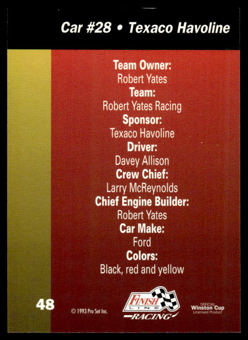 Davey Allison 1993 Pro Set Finish Line Racing Base Back of Card
