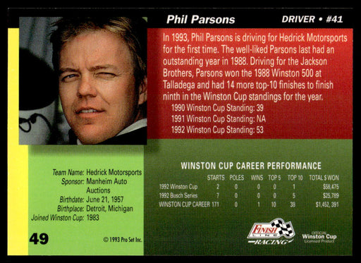 Phil Parsons 1993 Pro Set Finish Line Racing Base Back of Card