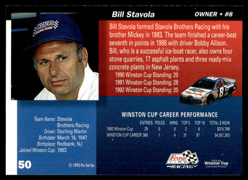 Bill Stavola 1993 Pro Set Finish Line Racing Base Back of Card