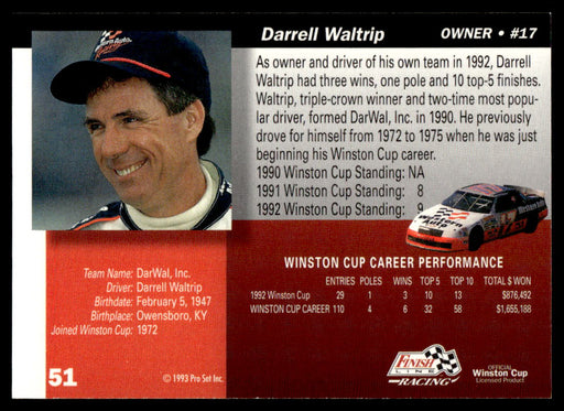 Darrell Waltrip 1993 Pro Set Finish Line Racing Base Back of Card