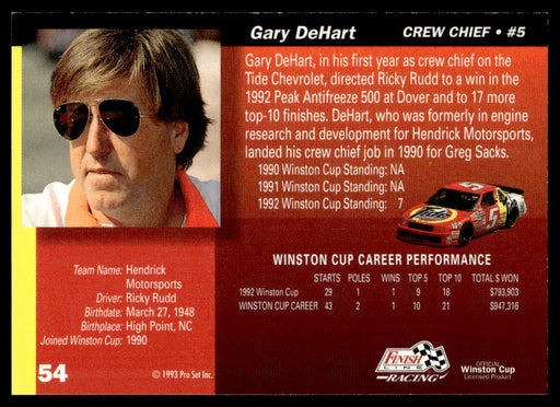 Gary DeHart 1993 Pro Set Finish Line Racing Base Back of Card