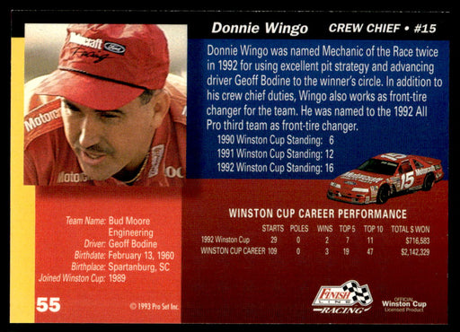 Donnie Wingo 1993 Pro Set Finish Line Racing Base Back of Card