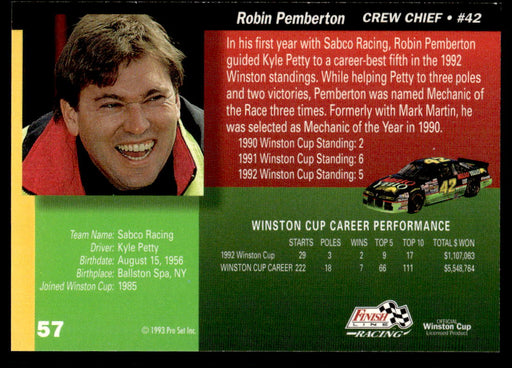 Robin Pemberton 1993 Pro Set Finish Line Racing Base Back of Card