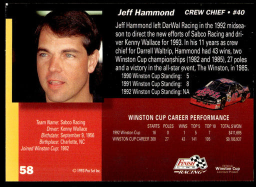 Jeff Hammond 1993 Pro Set Finish Line Racing Base Back of Card