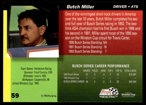 Butch Miller 1993 Pro Set Finish Line Racing Base Back of Card