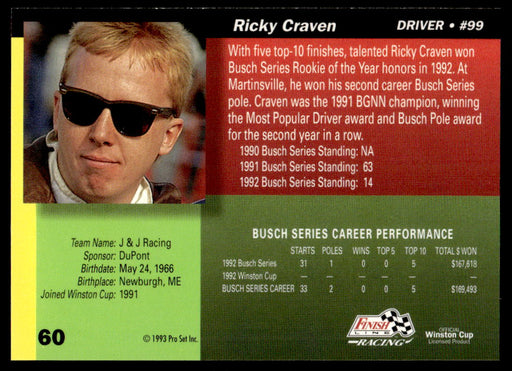 Ricky Craven 1993 Pro Set Finish Line Racing Base Back of Card