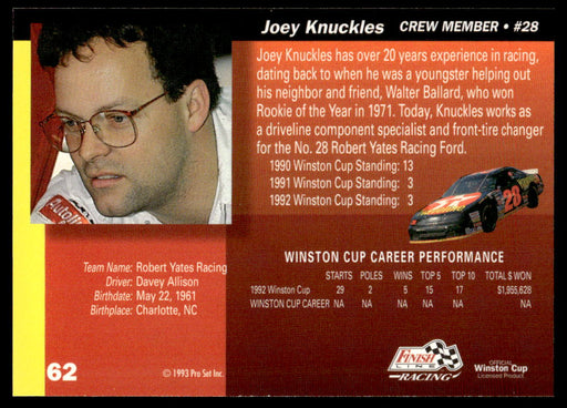 Joey Knuckles 1993 Pro Set Finish Line Racing Base Back of Card