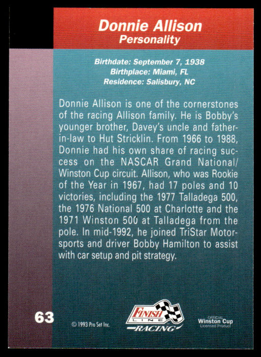 Donnie Allison 1993 Pro Set Finish Line Racing Base Back of Card