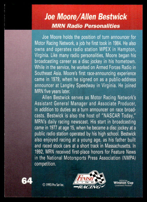 Joe Moore/Allen Bestwick 1993 Pro Set Finish Line Racing Base Back of Card