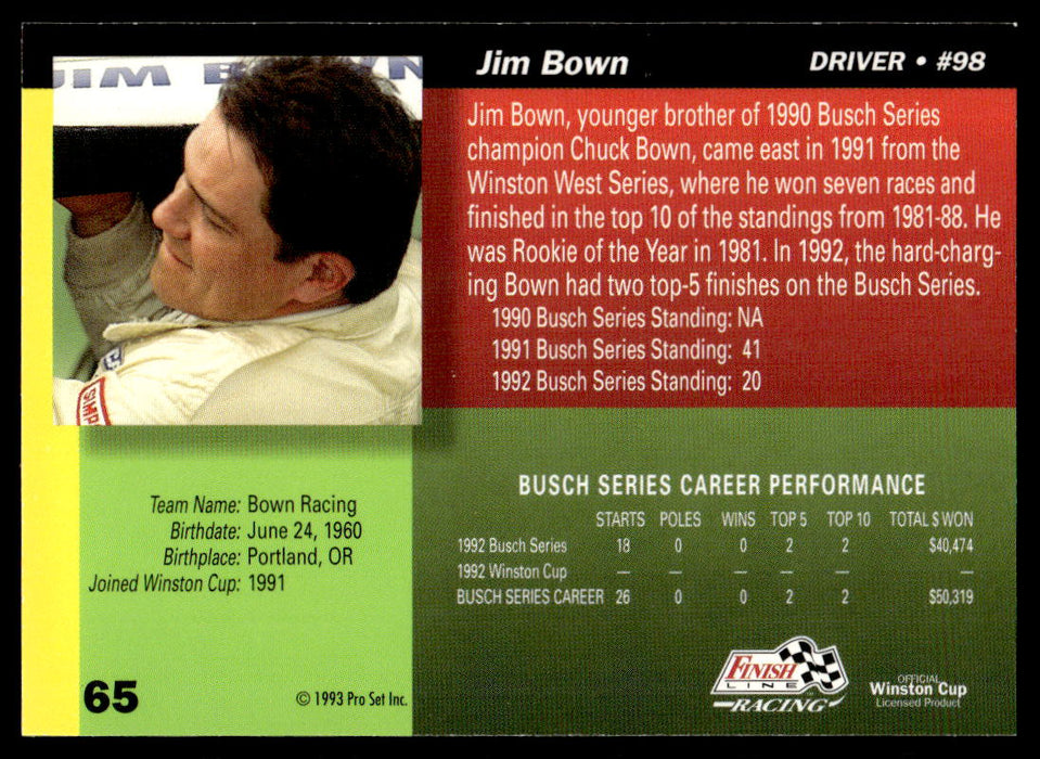 Jim Bown 1993 Pro Set Finish Line Racing Base Back of Card