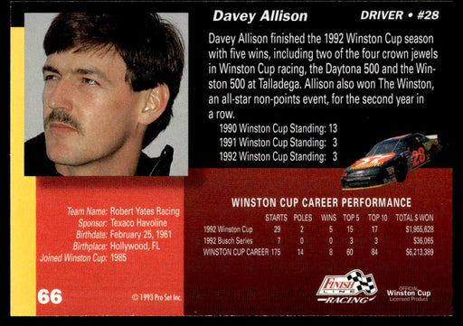 Davey Allison 1993 Pro Set Finish Line Racing Base Back of Card