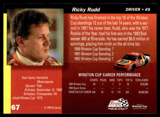 Ricky Rudd 1993 Pro Set Finish Line Racing Base Back of Card