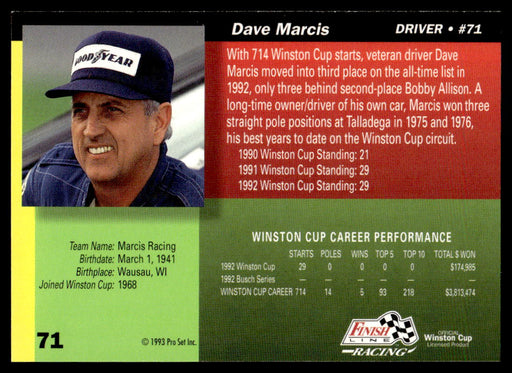 Dave Marcis 1993 Pro Set Finish Line Racing Base Back of Card
