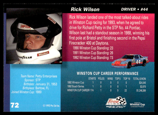 Rick Wilson 1993 Pro Set Finish Line Racing Base Back of Card