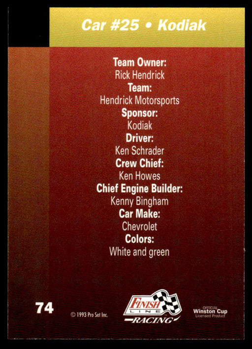 Ken Schrader 1993 Pro Set Finish Line Racing Base Back of Card