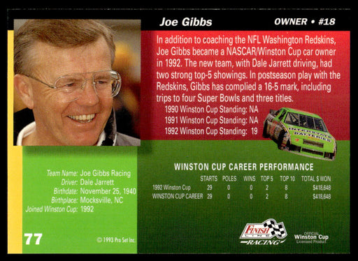 Joe Gibbs 1993 Pro Set Finish Line Racing Base Back of Card