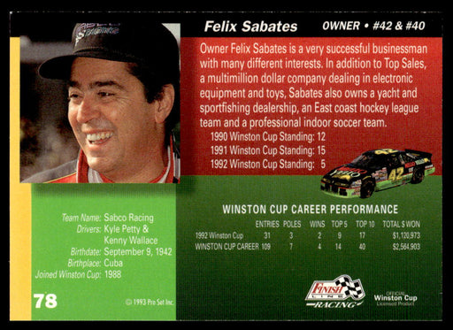 Felix Sabates 1993 Pro Set Finish Line Racing Base Back of Card