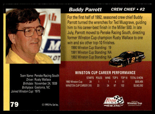 Buddy Parrott 1993 Pro Set Finish Line Racing Base Back of Card