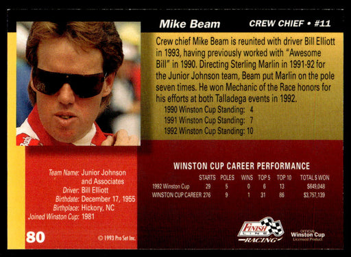 Mike Beam 1993 Pro Set Finish Line Racing Base Back of Card