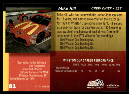 Mike Hill 1993 Pro Set Finish Line Racing Base Back of Card