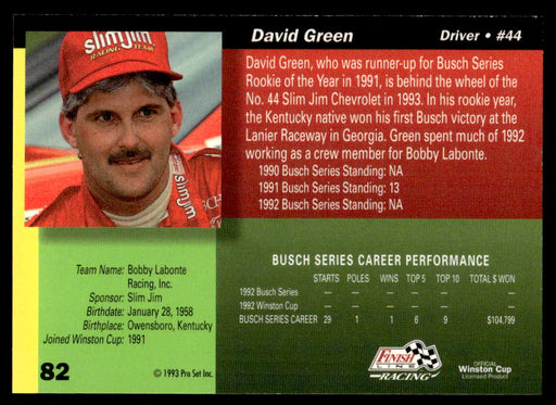 David Green 1993 Pro Set Finish Line Racing Base Back of Card