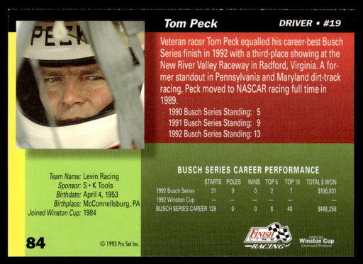Tom Peck 1993 Pro Set Finish Line Racing Base Back of Card