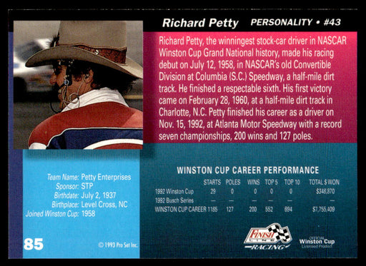 Richard Petty 1993 Pro Set Finish Line Racing Base Back of Card