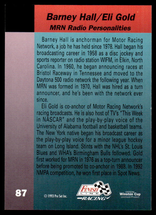Barney Hall/Eli Gold 1993 Pro Set Finish Line Racing Base Back of Card