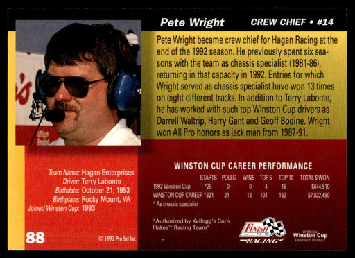 Pete Wrights 1993 Pro Set Finish Line Racing Base Back of Card