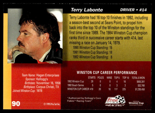 Terry Labonte 1993 Pro Set Finish Line Racing Base Back of Card