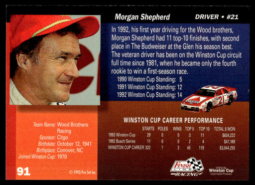 Morgan Shepherd 1993 Pro Set Finish Line Racing Base Back of Card