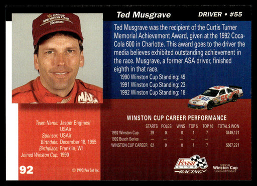 Ted Musgrave 1993 Pro Set Finish Line Racing Base Back of Card