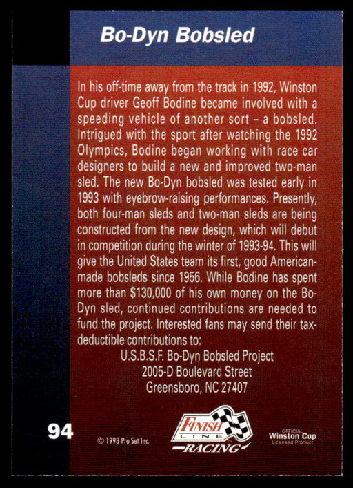 Bo-Dyn Bobsled 1993 Pro Set Finish Line Racing Base Back of Card