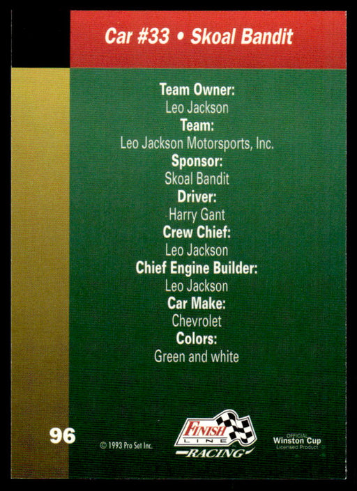 Harry Gant 1993 Pro Set Finish Line Racing Base Back of Card