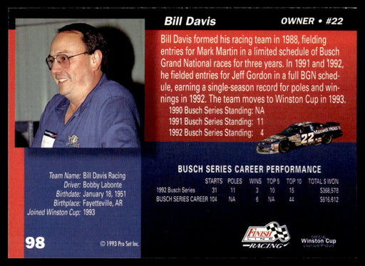 Bill Davis 1993 Pro Set Finish Line Racing Base Back of Card
