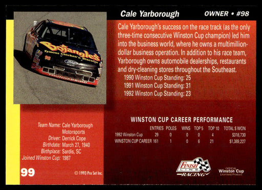 Cale Yarborough 1993 Pro Set Finish Line Racing Base Back of Card