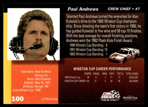 Paul Andrews 1993 Pro Set Finish Line Racing Base Back of Card