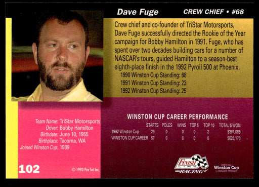 Dave Fuge 1993 Pro Set Finish Line Racing Base Back of Card