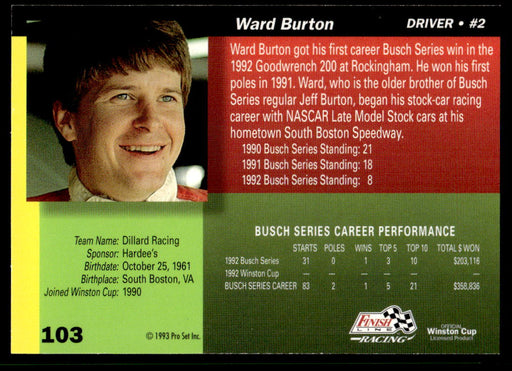 Ward Burton 1993 Pro Set Finish Line Racing Base Back of Card