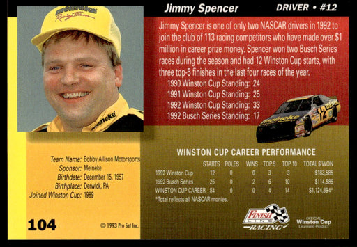 Jimmy Spencer 1993 Pro Set Finish Line Racing Base Back of Card