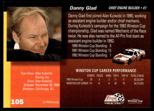 Danny Glad 1993 Pro Set Finish Line Racing Base Back of Card