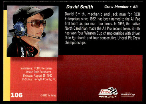 David Smith 1993 Pro Set Finish Line Racing Base Back of Card